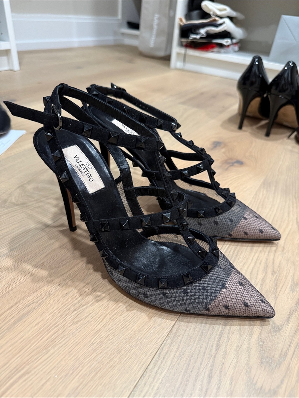 Valentino Black Studded Mesh T-Strap Pointed Heels